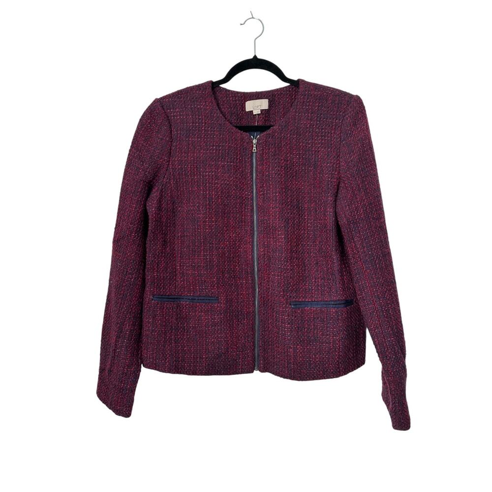 LOFT Blazer Womens Size 10 Burgundy Blue Wool Tweed Collarless‎ Full Zip Jacket